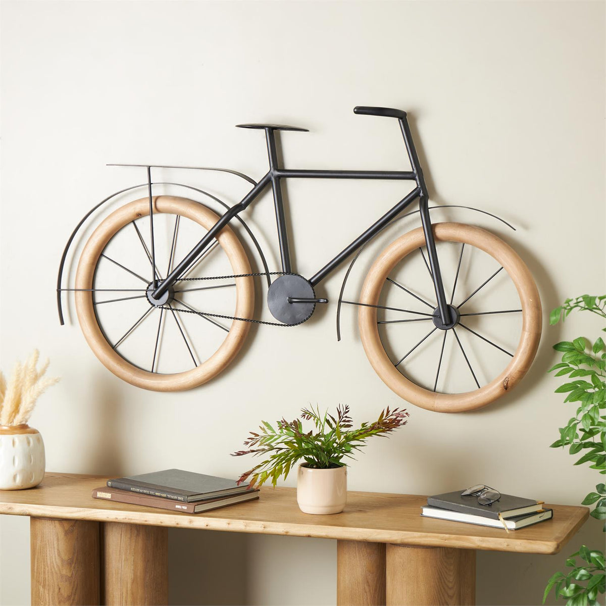 Black Metal Bike Decor with Wooden Wheels