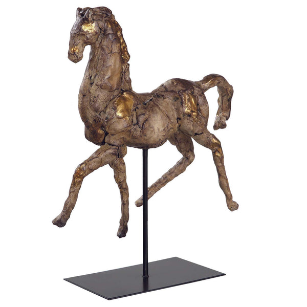 Elegant Caballo Dorado Sculpture with aged brown finish, gold accents, and black iron stand.