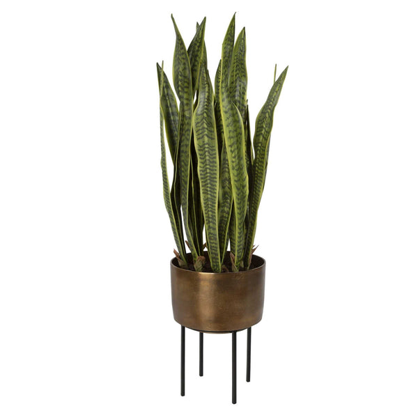 Fasita Planter with life-like snake plant, antique brass pot, and matte black metal stand.