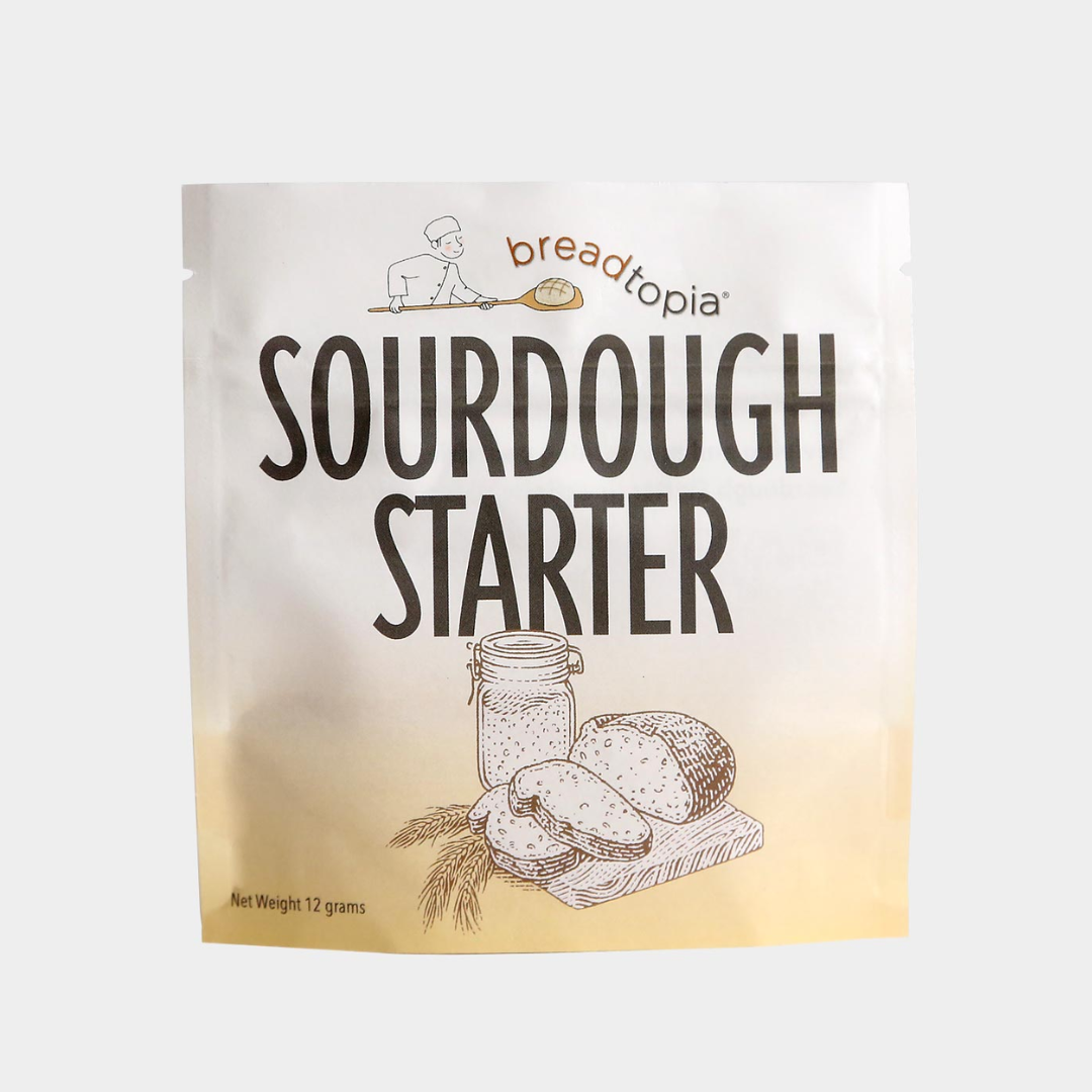 Breadtopia Sourdough Starter package with organic ingredients for healthy leavening.