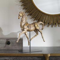 Caballo Dorado Sculpture with aged brown finish and gold accents on modern black iron stand.