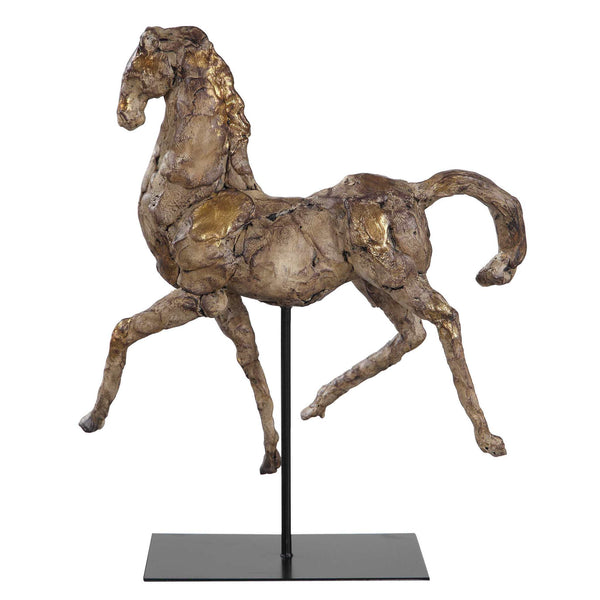 Elegant Caballo Dorado Sculpture with aged brown finish and gold accents on black iron stand.