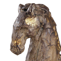 Elegant Caballo Dorado Sculpture with aged brown finish and gold accents on black iron stand.