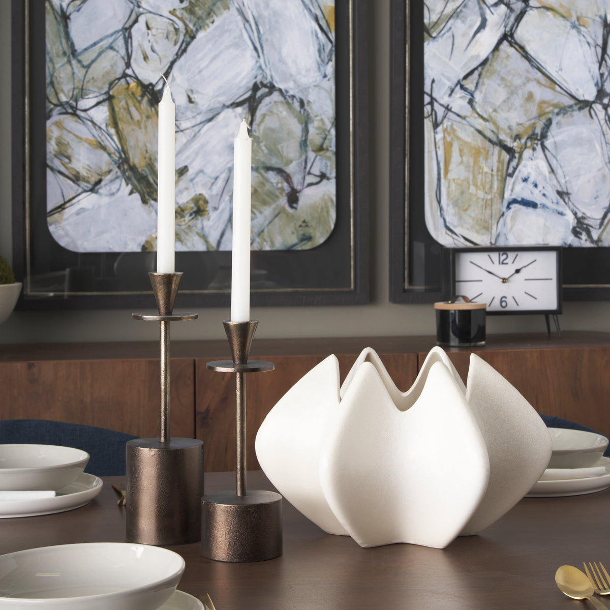 Petria Antiqued Gold Textured Metal Taper Candle Holders