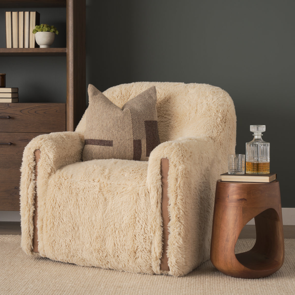 Huntley Cream Faux Fur Fabric Swivel Accent Chair