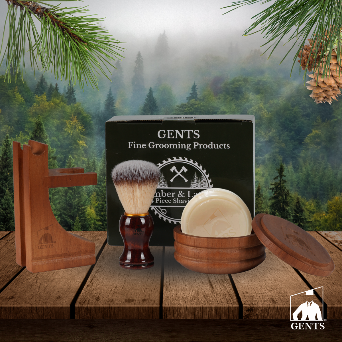 GENTS Cedar & Pine Wood Shaving Bowl & Shave Brush Set