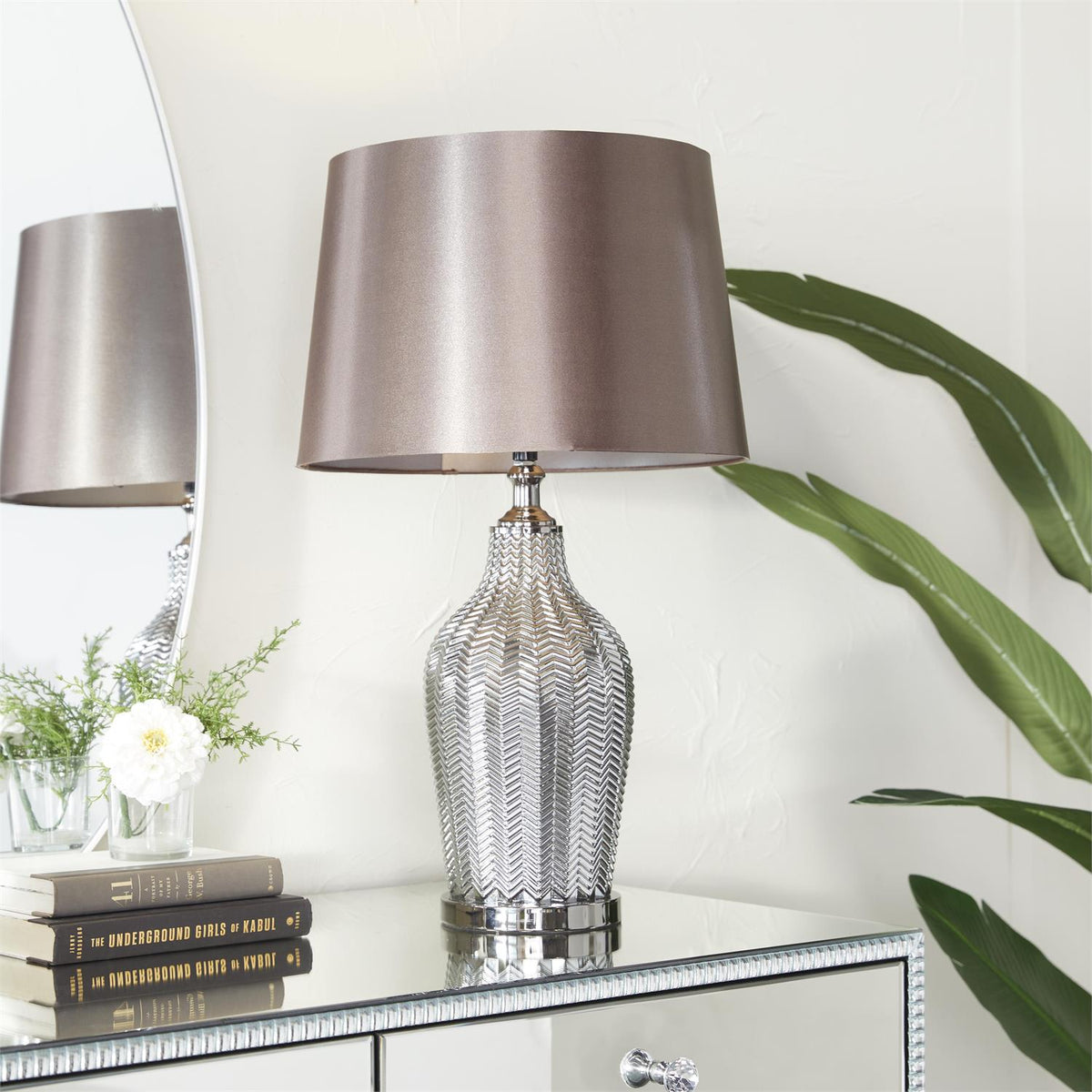 Silver Tempered Glass Room Table Lamp with Chevron Pattern