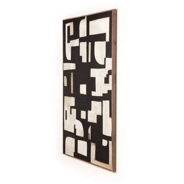 Civilization Wall Art by Jess Engle, handmade geometric design with color accents, versatile hanging options.