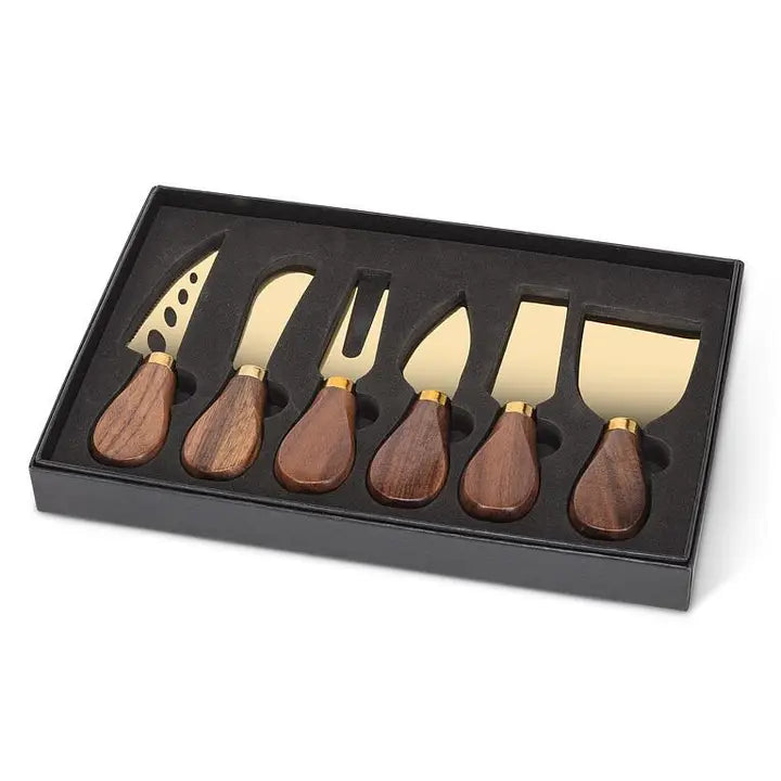 Set of 6 Walnut Handled Cheese Knives-Gold