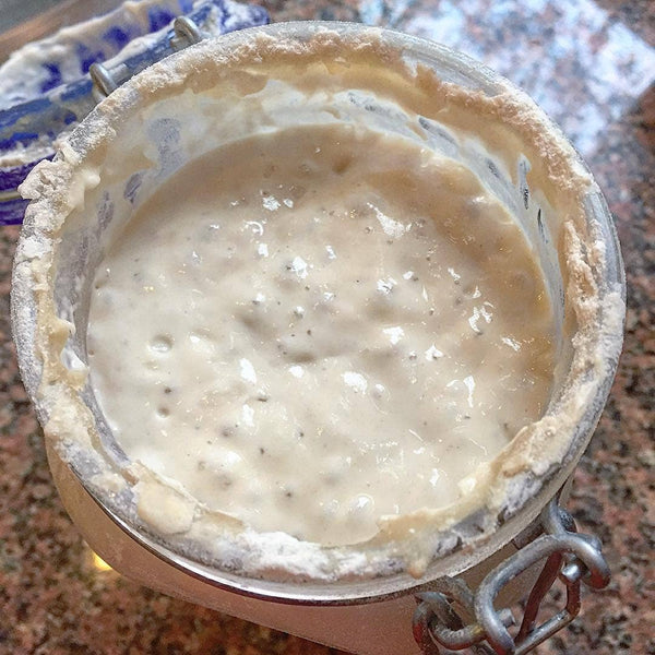 Sourdough starter in a glass jar with organic wheat flour. Home Goods Store Columbia MO