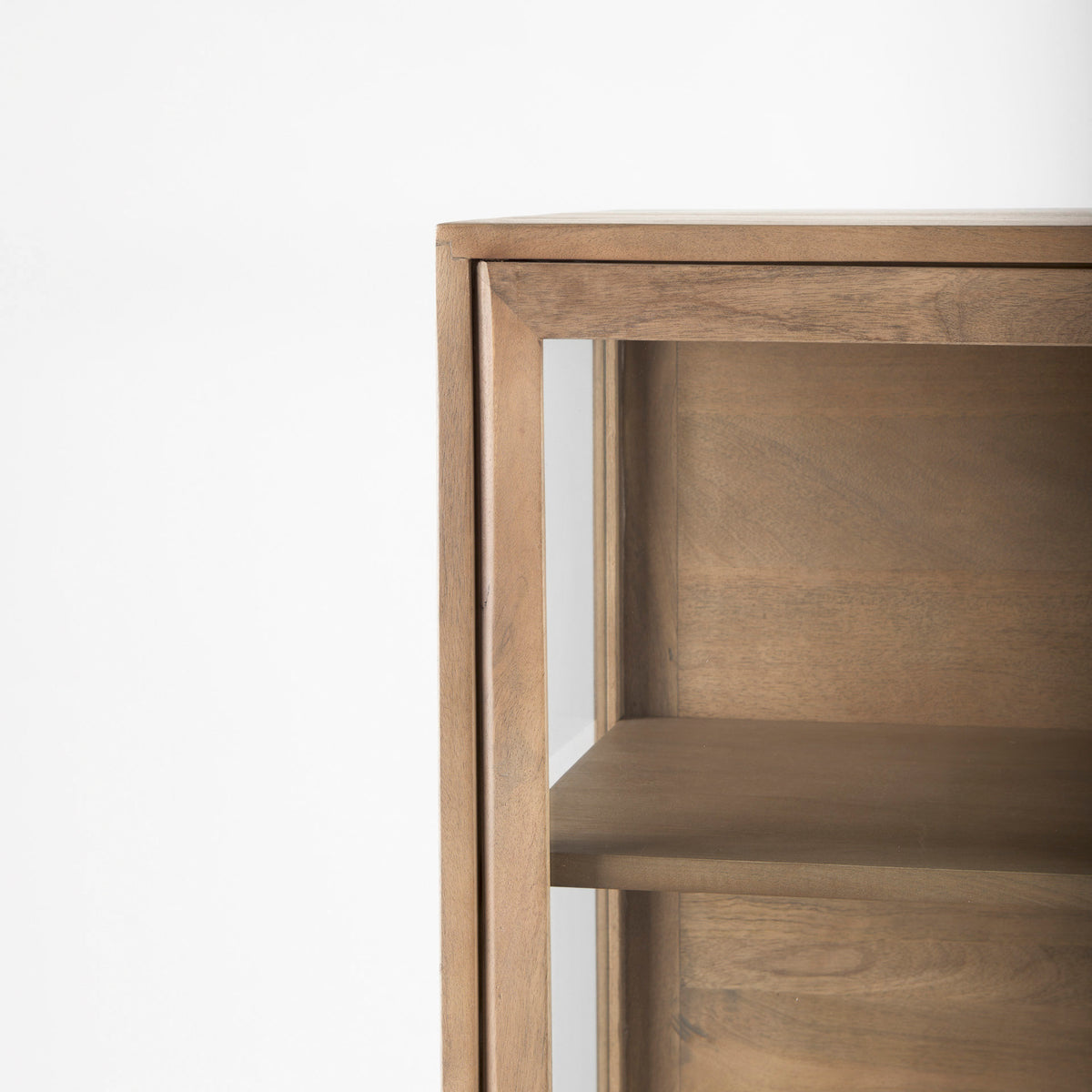 detailed top corner view of the Arelius Light Wood display cabinet 