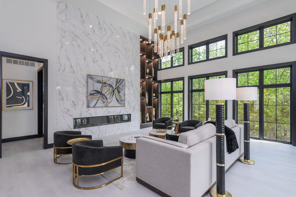 modern curves wall art above fireplace in modern home