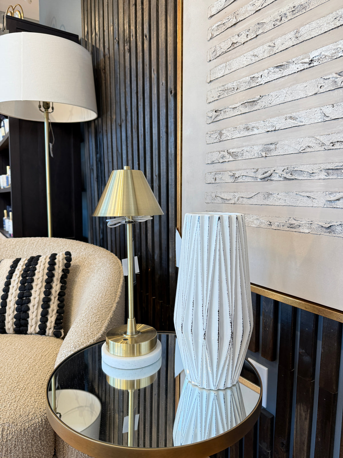 White and Black Ribbed Long Vase