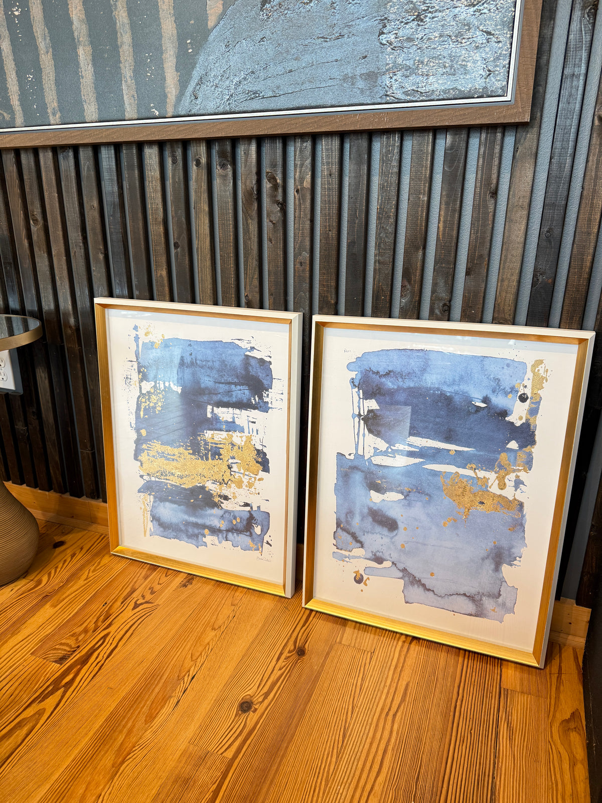 S/2 Blue and Gold Abstract Framed Wall Art