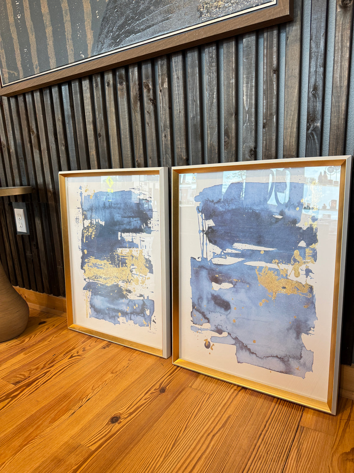 S/2 Blue and Gold Abstract Framed Wall Art