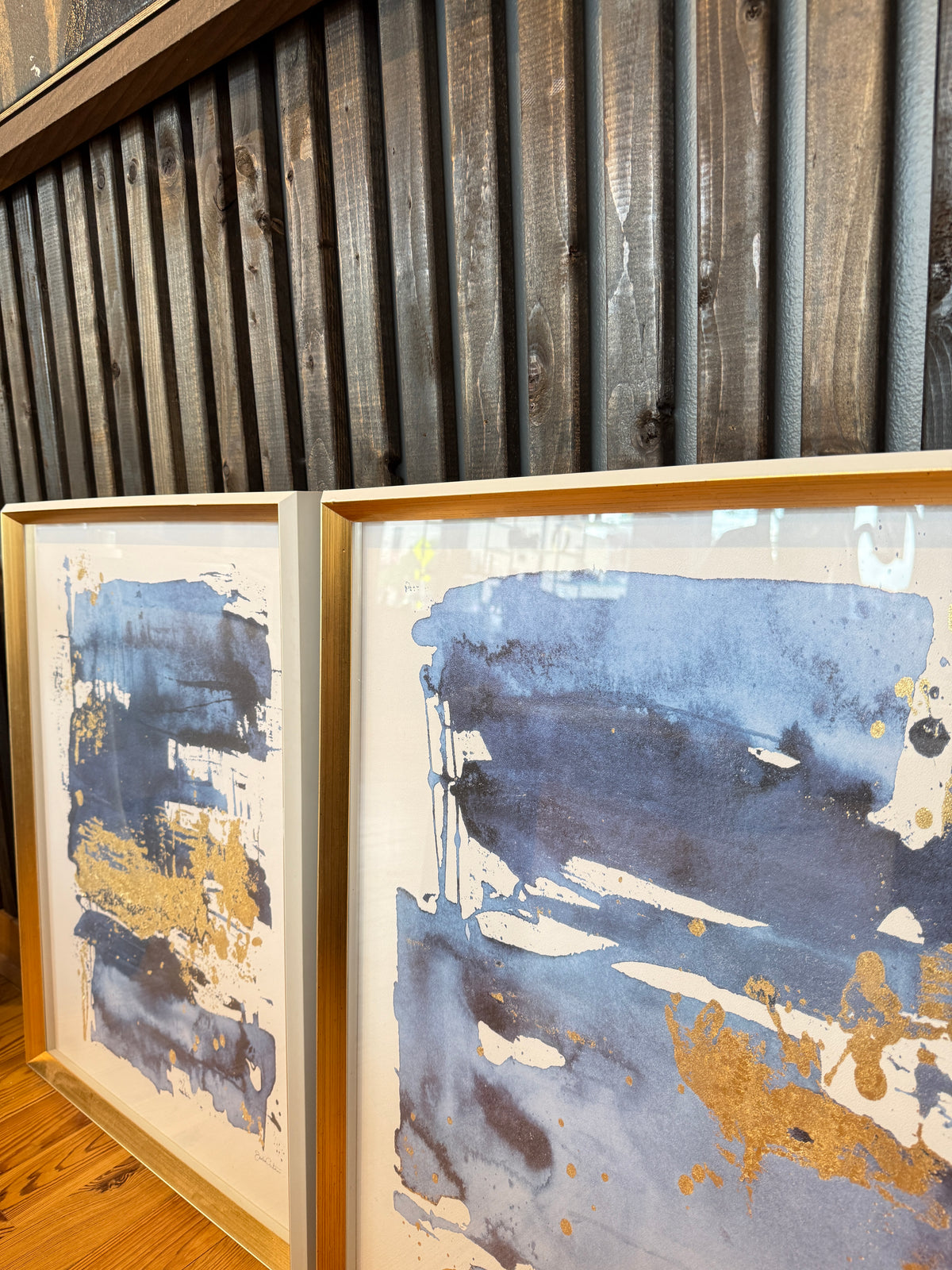 S/2 Blue and Gold Abstract Framed Wall Art