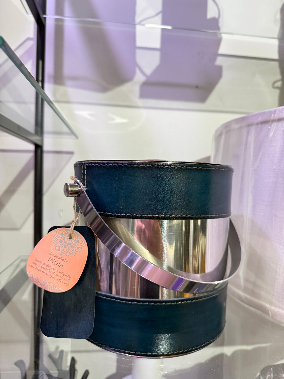 Stainless Steel Ice Bucket with Teal Leather Trim