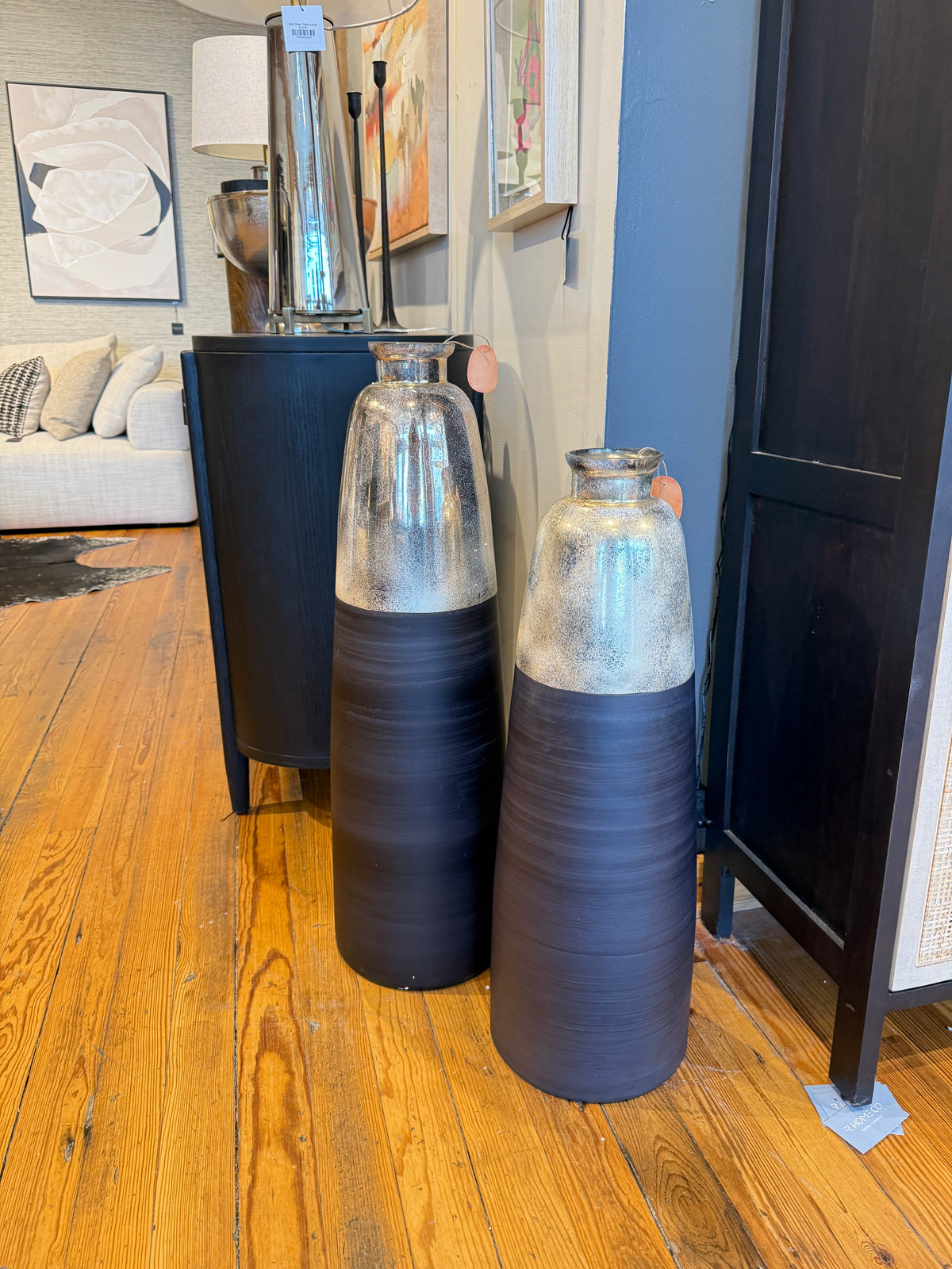 Set/2 Two-Tone Matte Black and Silver Floor Vase