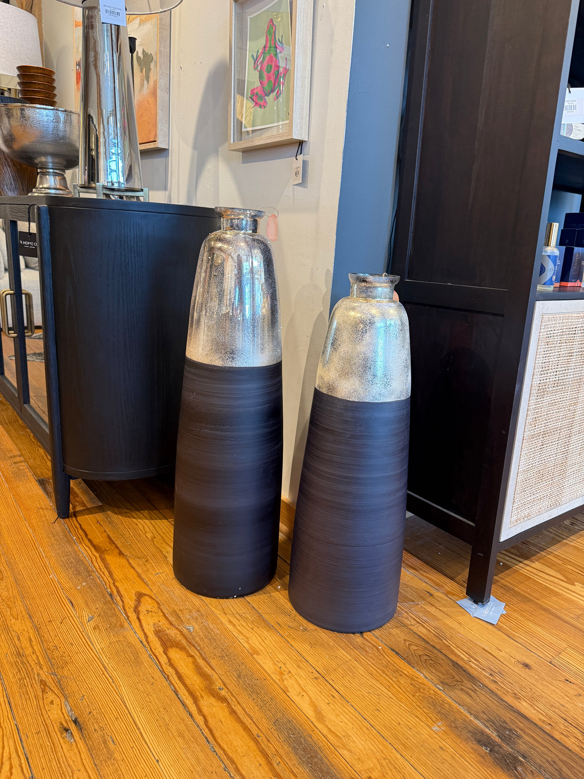 Set/2 Two-Tone Matte Black and Silver Floor Vase