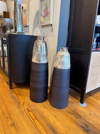 Set/2 Two-Tone Matte Black and Silver Floor Vase