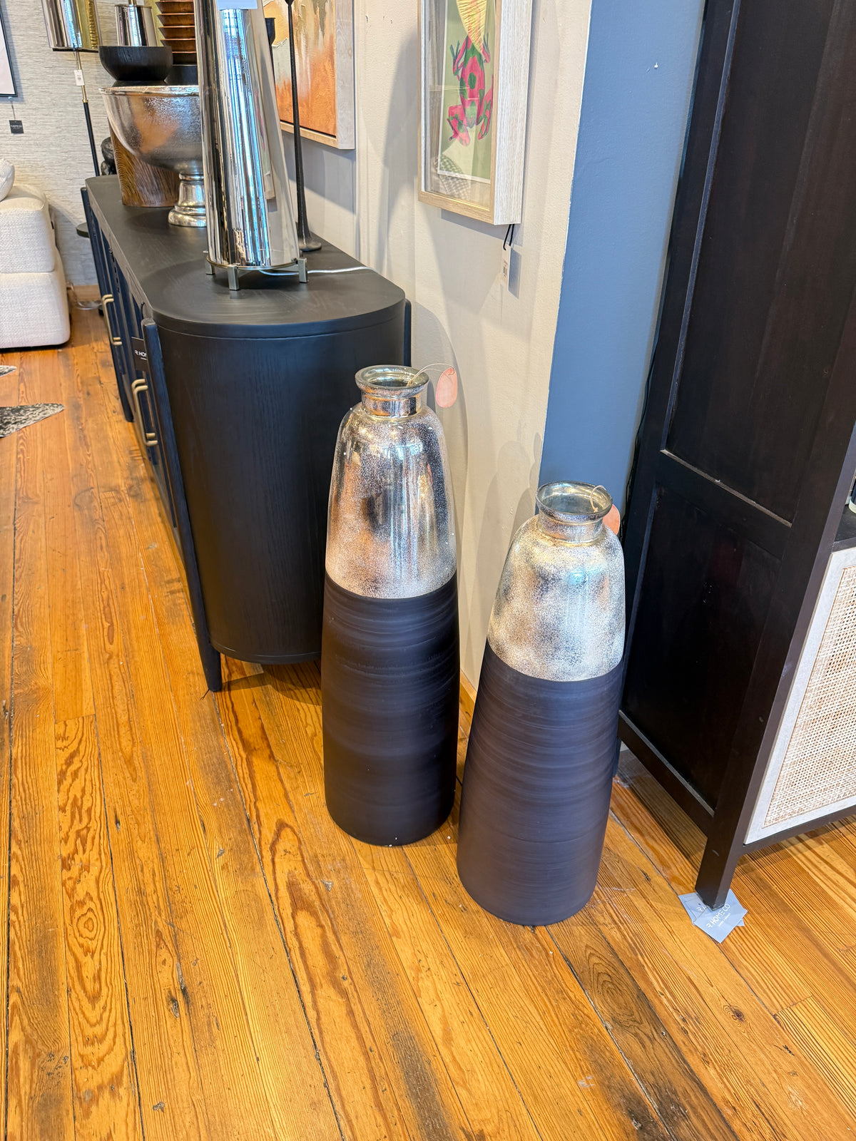 Set/2 Two-Tone Matte Black and Silver Floor Vase
