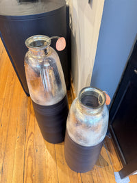 Set/2 Two-Tone Matte Black and Silver Floor Vase