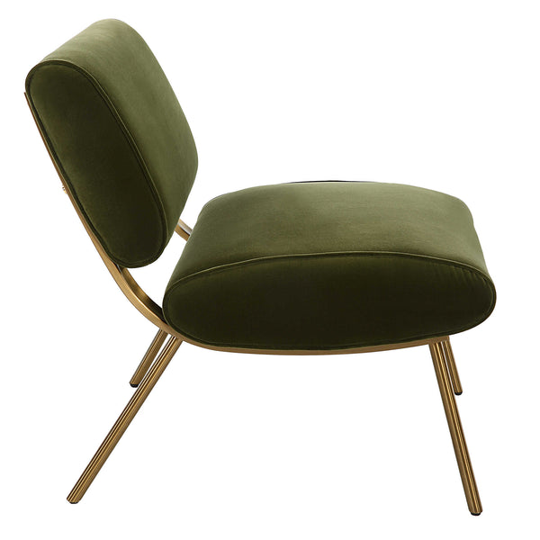 side view of Knoll Accent Chair - green curved chair with brass hardware and legs