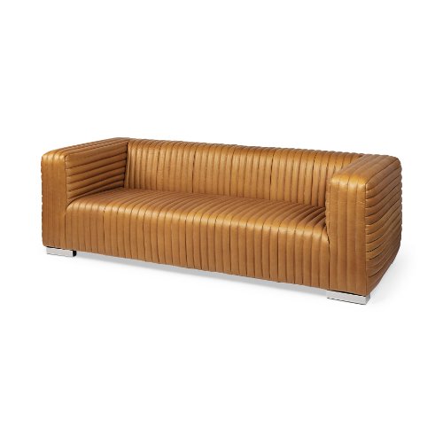 Mid Century Modern Light brown channeled leather sofa with chrome feet 