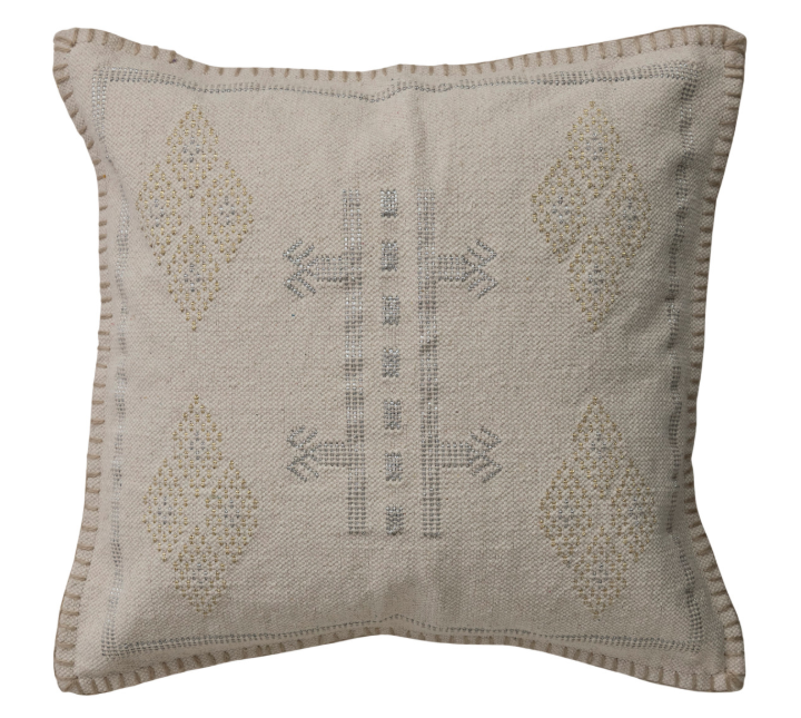 Beige Embroidered Cotton Pillow