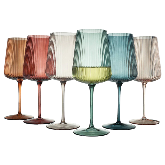 Ribbed Colored Wine Glasses, Muted, Set of 6