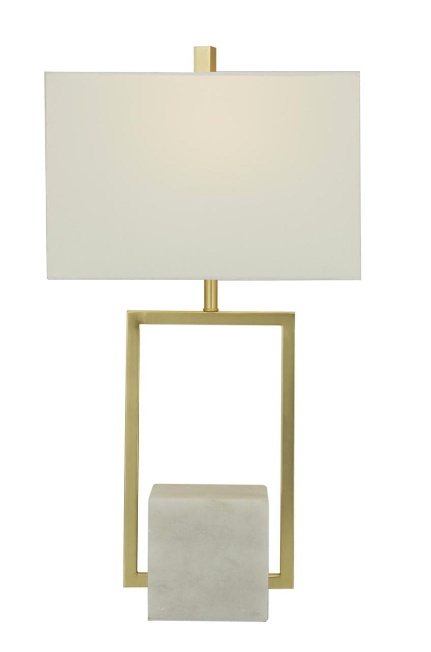 table lamp with white square shade, square marble base, gold frame