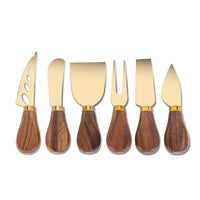 Set of 6 Walnut Handled Cheese Knives-Gold