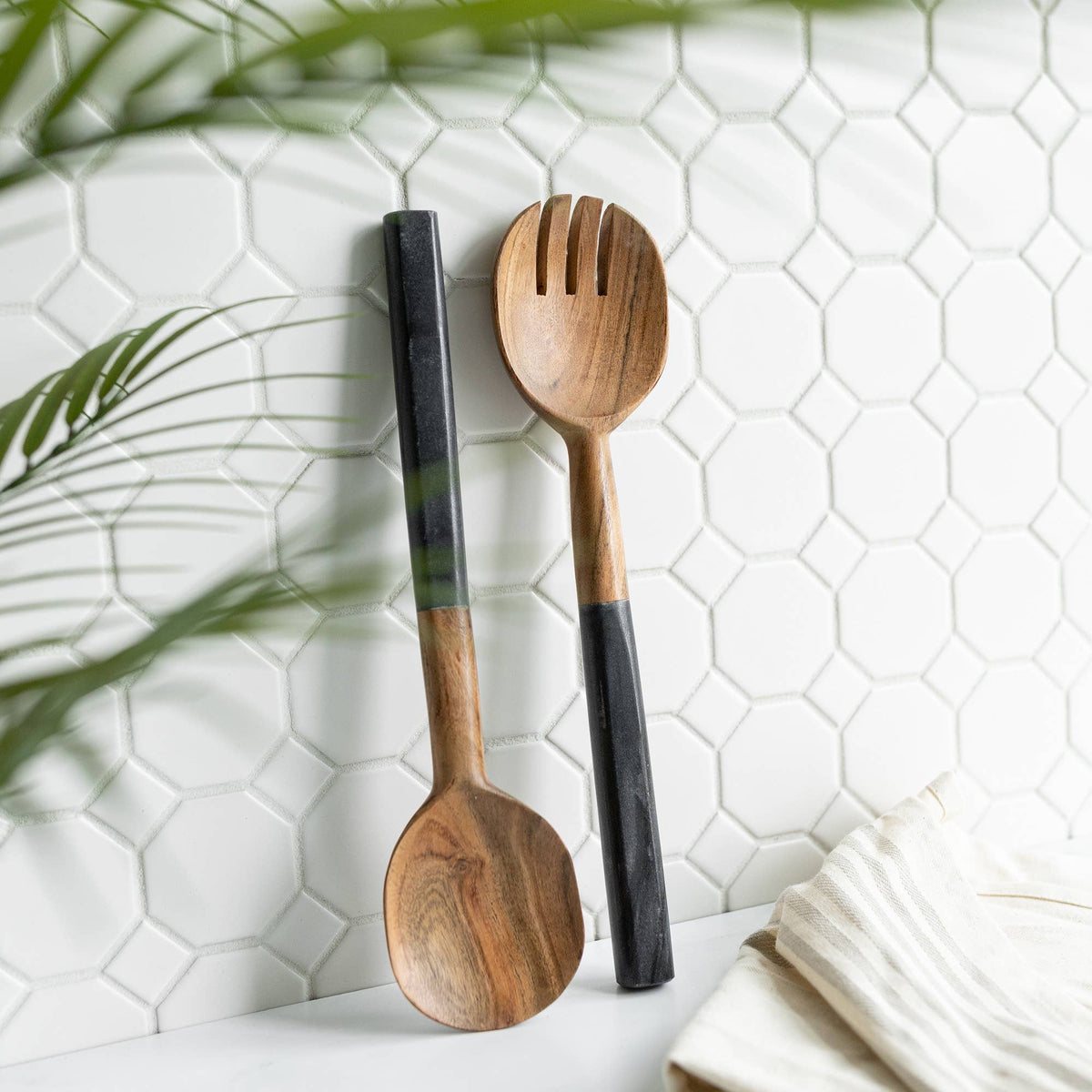 Louisa Set 2 Serving Wood Utensils Black Marble Handles