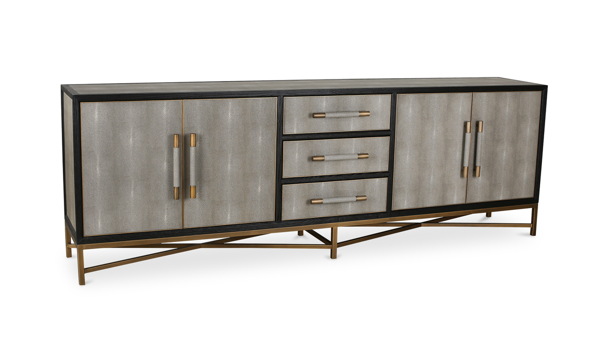 large grey sideboard with black and old accents