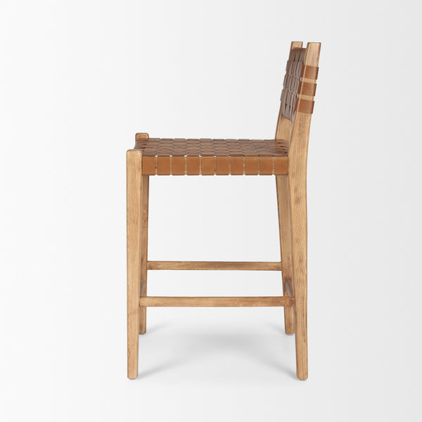 Shane Brown Wood w/ Woven Brown Leather Counter Stool